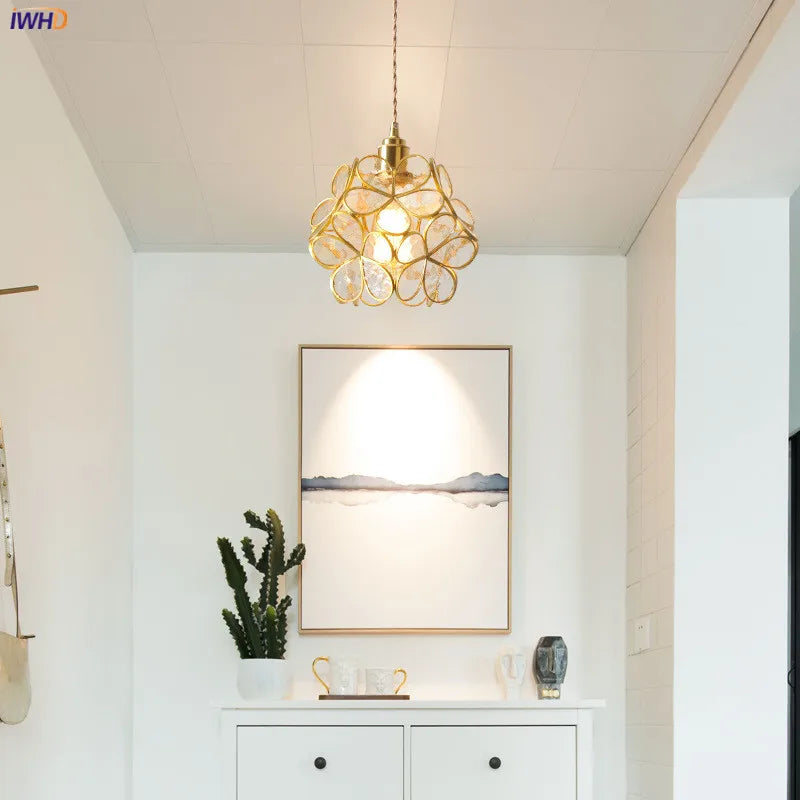 Nordic Flower Copper Pendant Lighting Fixtures Bedroom Dinning Living Room Glass LED Pendant Light Fixtures Luminaria