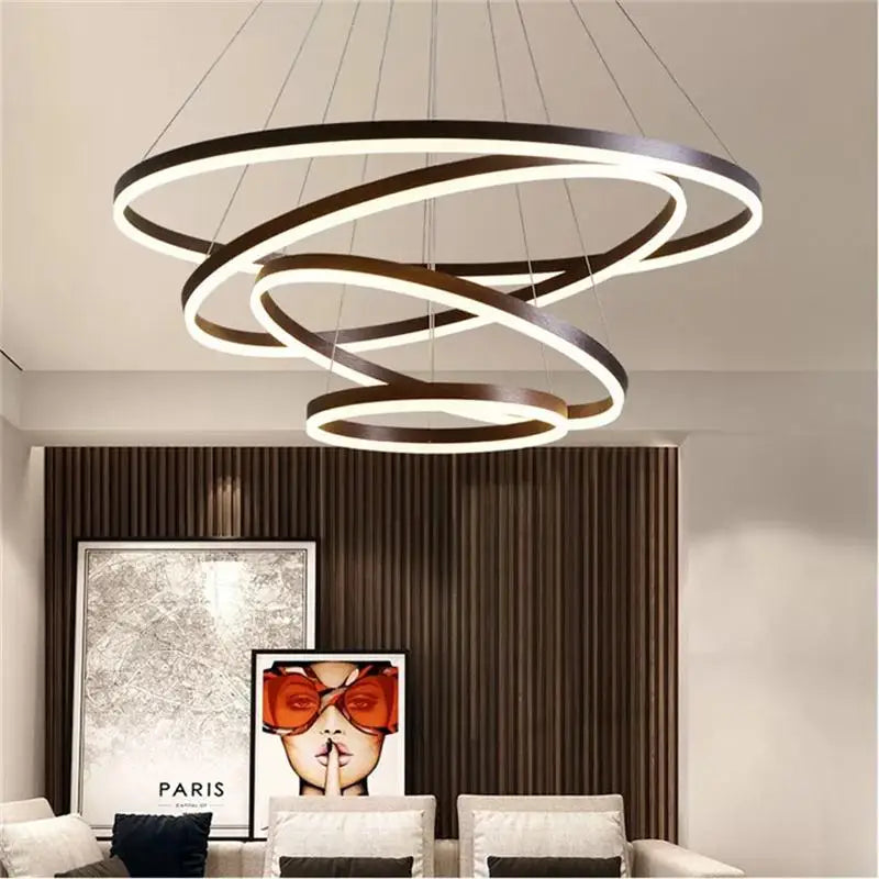 New Luxury Led Chandelier Home Lighting Aluminum Brushed Rings Gold&Coffee Hanging Lamps for Living Room Dining Table Bedroom