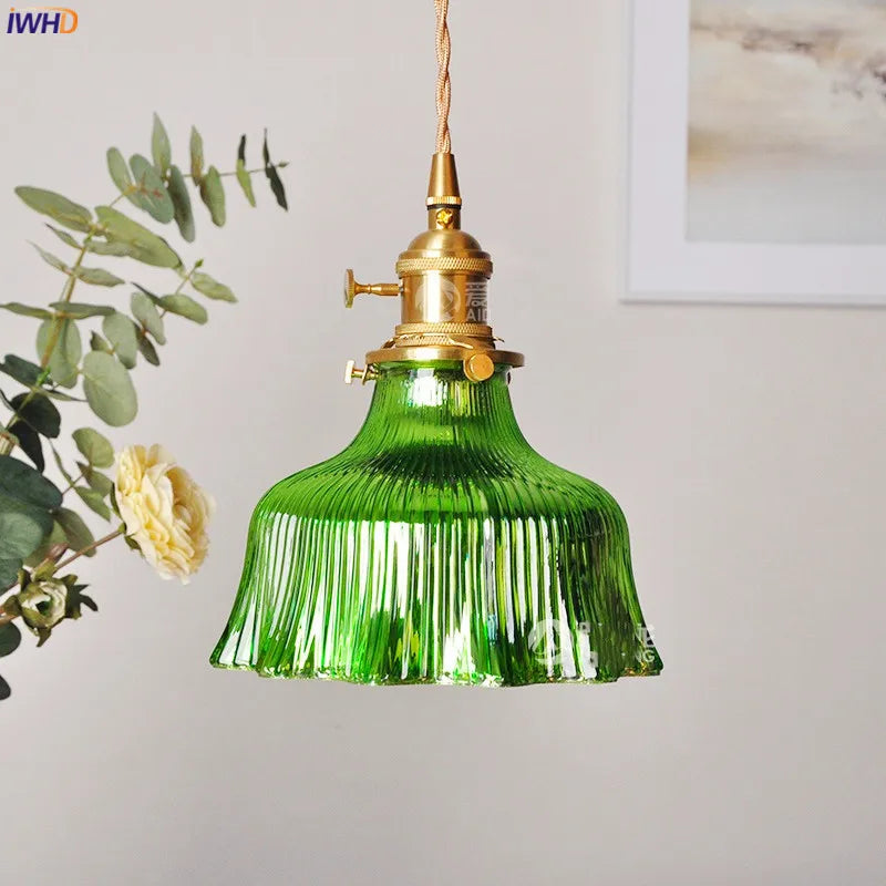 Nordic Green Glass Hanging Lamp Copper Switch Bedroom Bar Coffe Modern LED Pendant Light Fixtures Hanglamp Home Lighting