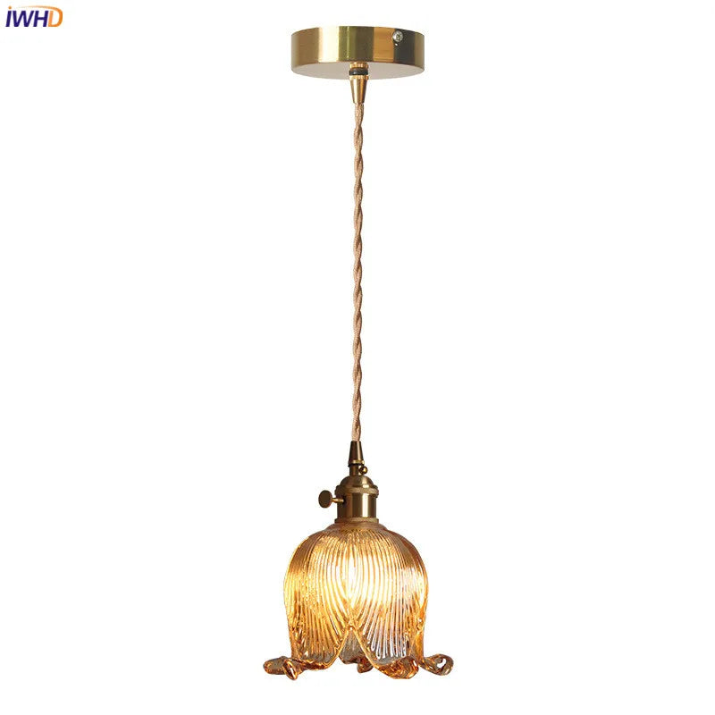 Amber Glass LED Pendant Lights Fixtures Beside Bedroom Bar Cafe Living Room Nordic Modern Copper Hanging Lamp Luminaira