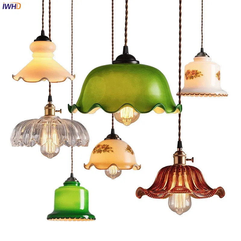 Old Shanghai Vintage Pendant Lamp Green Glass Artistic Bar Restaurant Cafe Retro LED Pendant Lights Fixtures Luminaria