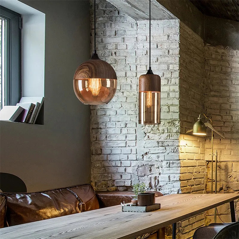 Nordic Wood Color LED Pendant Lights Fixtures Dinning Room Bedroom Cafe Bar Restaurant Modern Glass Hanging Lamp Lampara