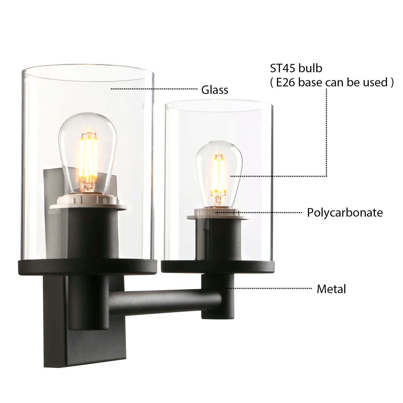 Industrial 2 Light Glass Wall Hanging Wall Light Bedroom Bathroom Dresser Lamp with 3.9 Inch Transparent Glass Shade