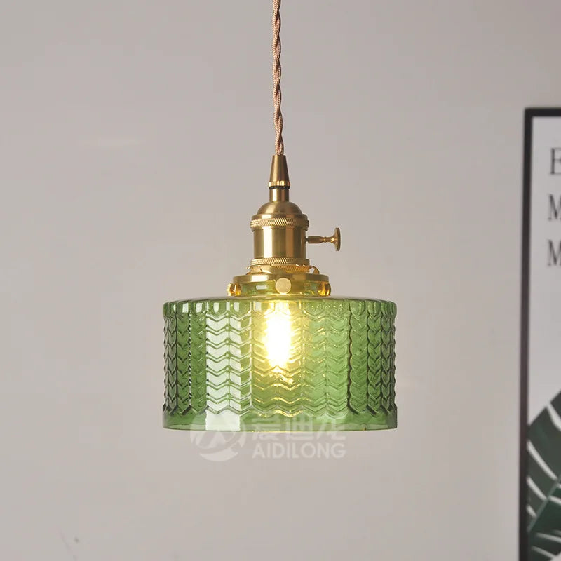 Modern Green Glass Hanging Lamp Copper Knob Switch Dinning Living Room Lights Nordic LED Pendant Light Luminaria Hanglamp