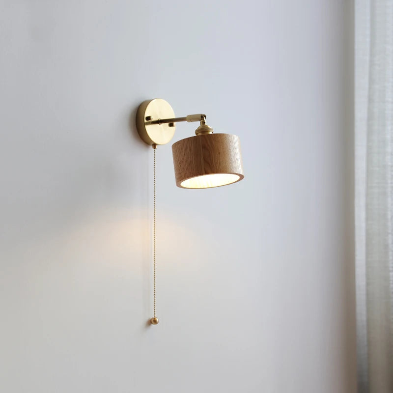 Nordic Modern LED Wall Lights For Home Lighting Pull Chain Switch Bedroom Living Room Light Walnut Wooden Wall lamp Sconce