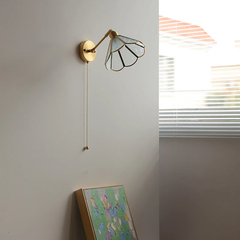 Green Glass LED Wall Lights Fixtures Home Indoor Lighting Pull Chain Switch Copper Beside Lamp Up And Down Adjustable