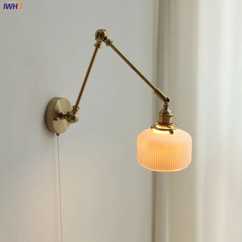 Japan Style Copper Long Arm Wall Lamp Sconce Pull Chain Switch Beside Bedroom Stair Light Ceramic Lampshade Wandlamp LED