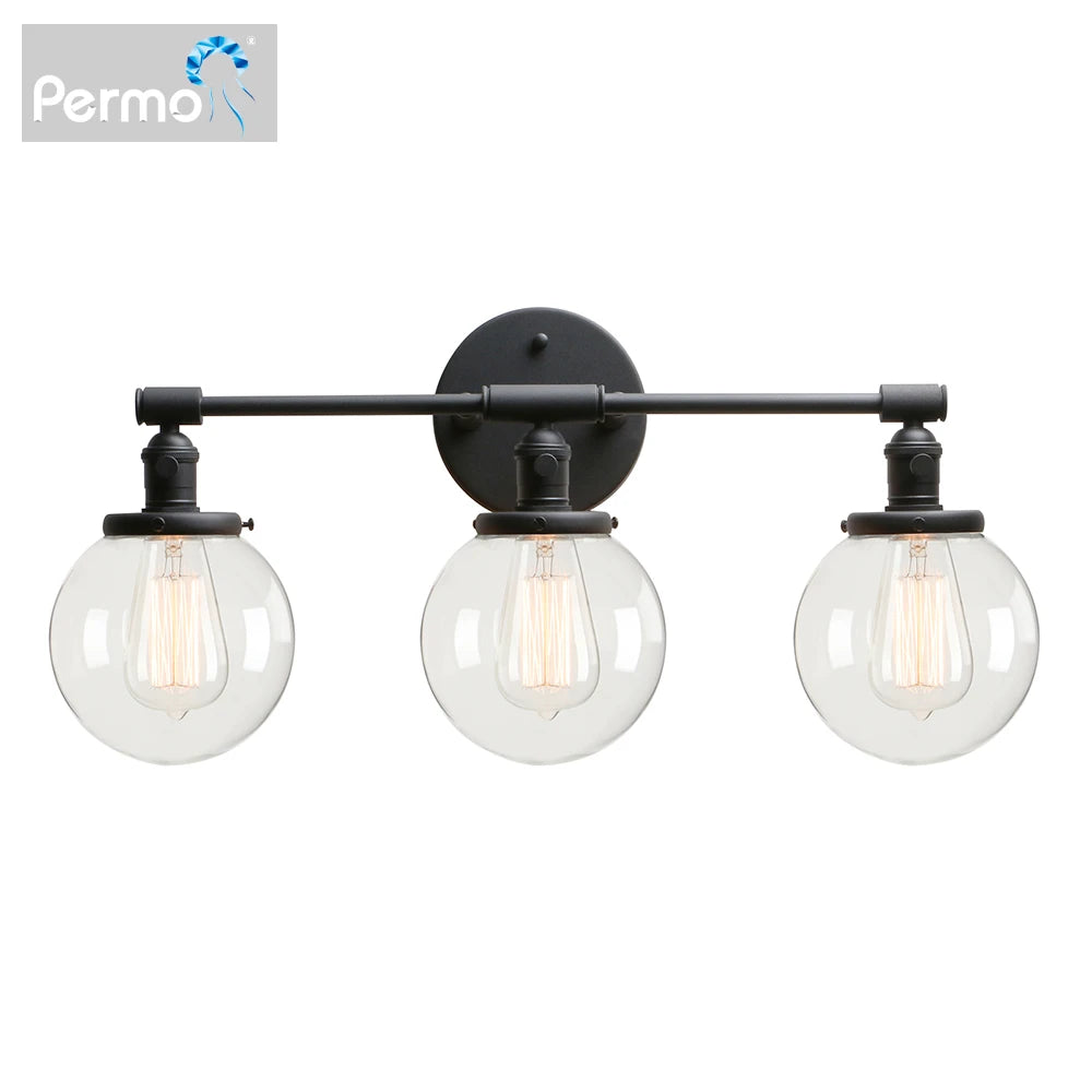 3 Light Wall Sconce Bathroom Vanity Light Black Sconce Light Fixture with 5.9 Inches Round Glass Canopy, Black