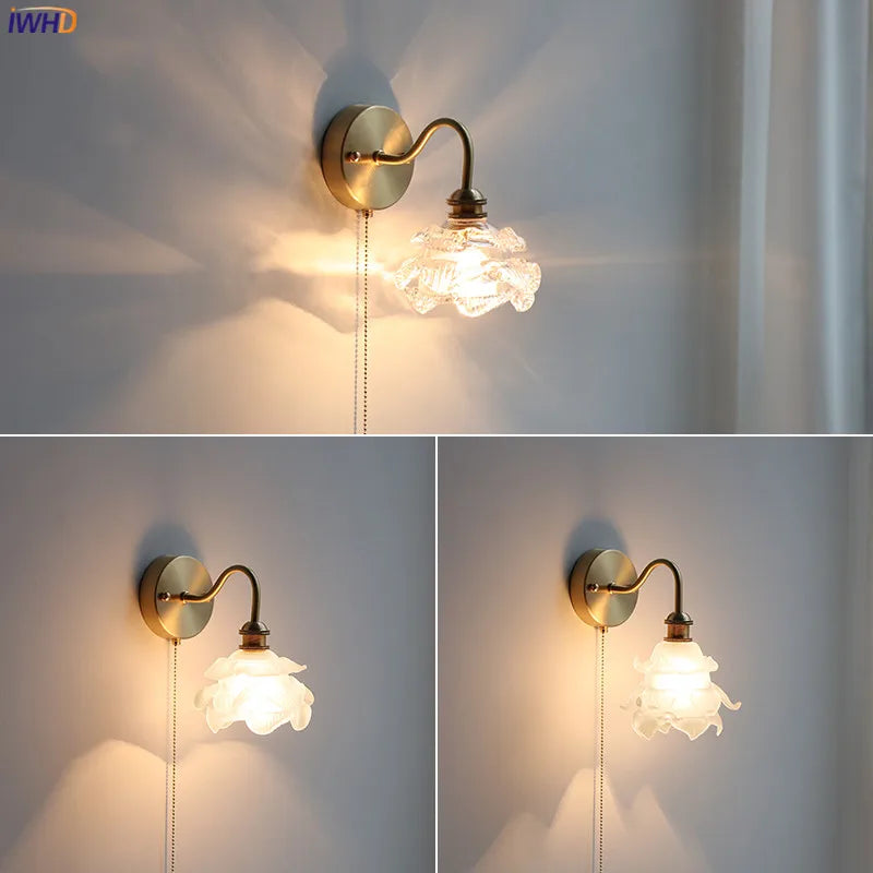 Flower Glass Copper Wall Lamp Sconce Pull Chain Switch LED Bedroom Bathroom Mirror Stair Light Nordic Modern Wandlamp