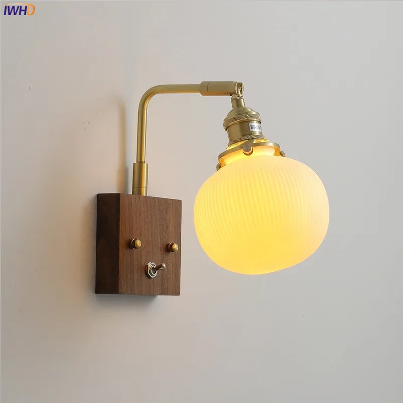 Modern Ceramic Ball LED Wall Light Fixtures Knob Pull Chain Switch Beside Lamp Living Room Copper Wood Wandlamp Lamparas