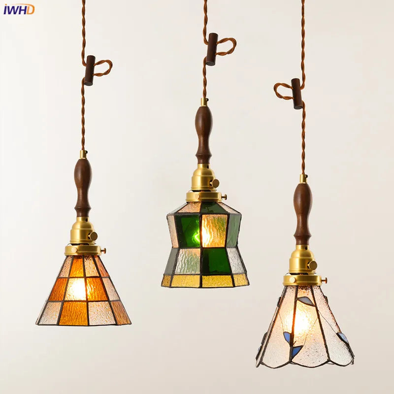 Colorful Glass LED Pendant Lights 4W 110V-220V Dinning Living Room Beside Japanese Wood Copper Vintage Lamp Hanging Light