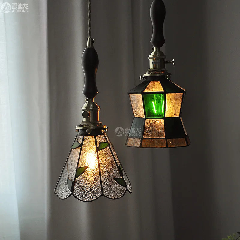 Colorful Glass Copper Pendant Lamp Wood Knob Switch Beside Bedroom Dinning Room Nordic Modern Hanging Light LED Hanglamp