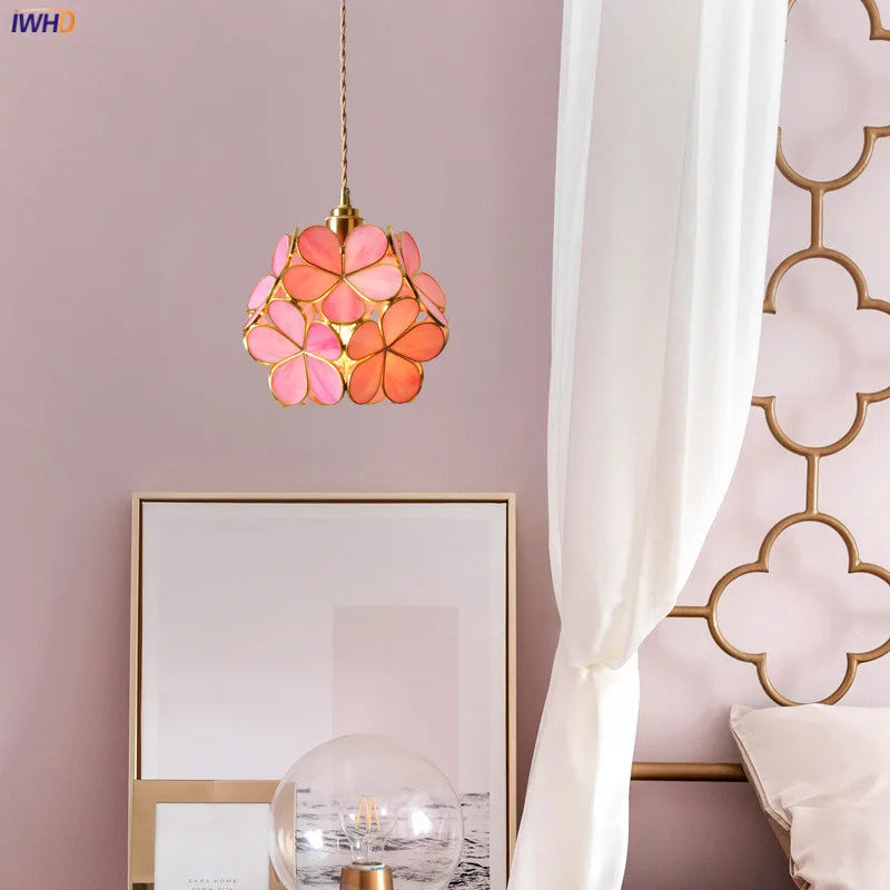 Nordic Flower Copper Pendant Lighting Fixtures Bedroom Dinning Living Room Glass LED Pendant Light Fixtures Luminaria