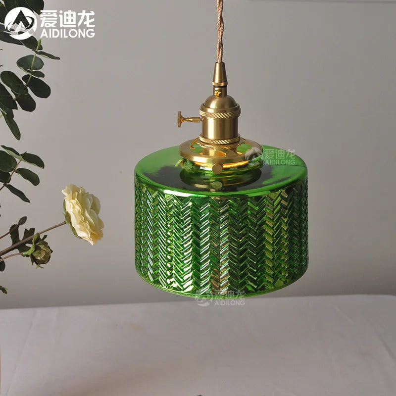 Nordic Green Glass Hanging Lamp Copper Switch Bedroom Bar Coffe Modern LED Pendant Light Fixtures Hanglamp Home Lighting