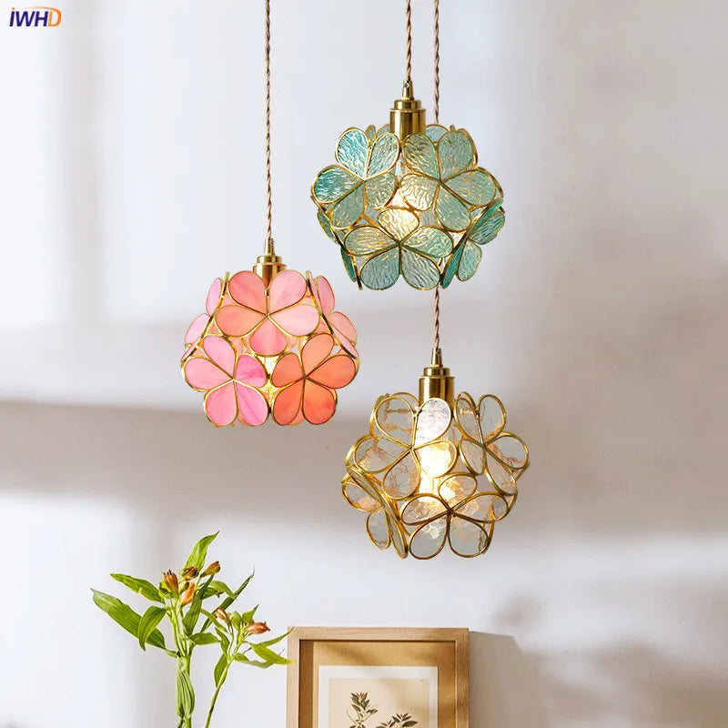 Nordic Flower Copper Pendant Lighting Fixtures Bedroom Dinning Living Room Glass LED Pendant Light Fixtures Luminaria