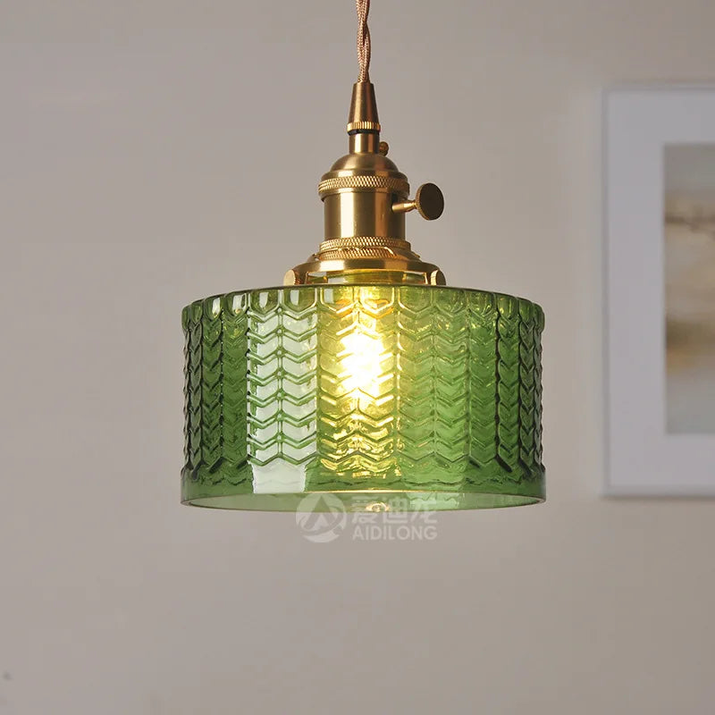 Modern Green Glass Hanging Lamp Copper Knob Switch Dinning Living Room Lights Nordic LED Pendant Light Luminaria Hanglamp