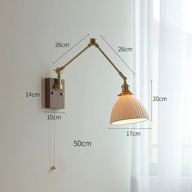 Nordic Ceramic Copper Wall Lamp Sconce Beside Pull Chain Switch Bedroom Living Room Ajustable Long Arm Wall Light LED