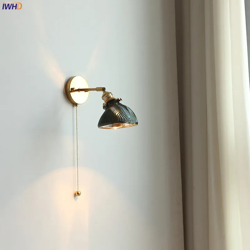 Green Glass LED Wall Lights Fixtures Home Indoor Lighting Pull Chain Switch Copper Beside Lamp Up And Down Adjustable