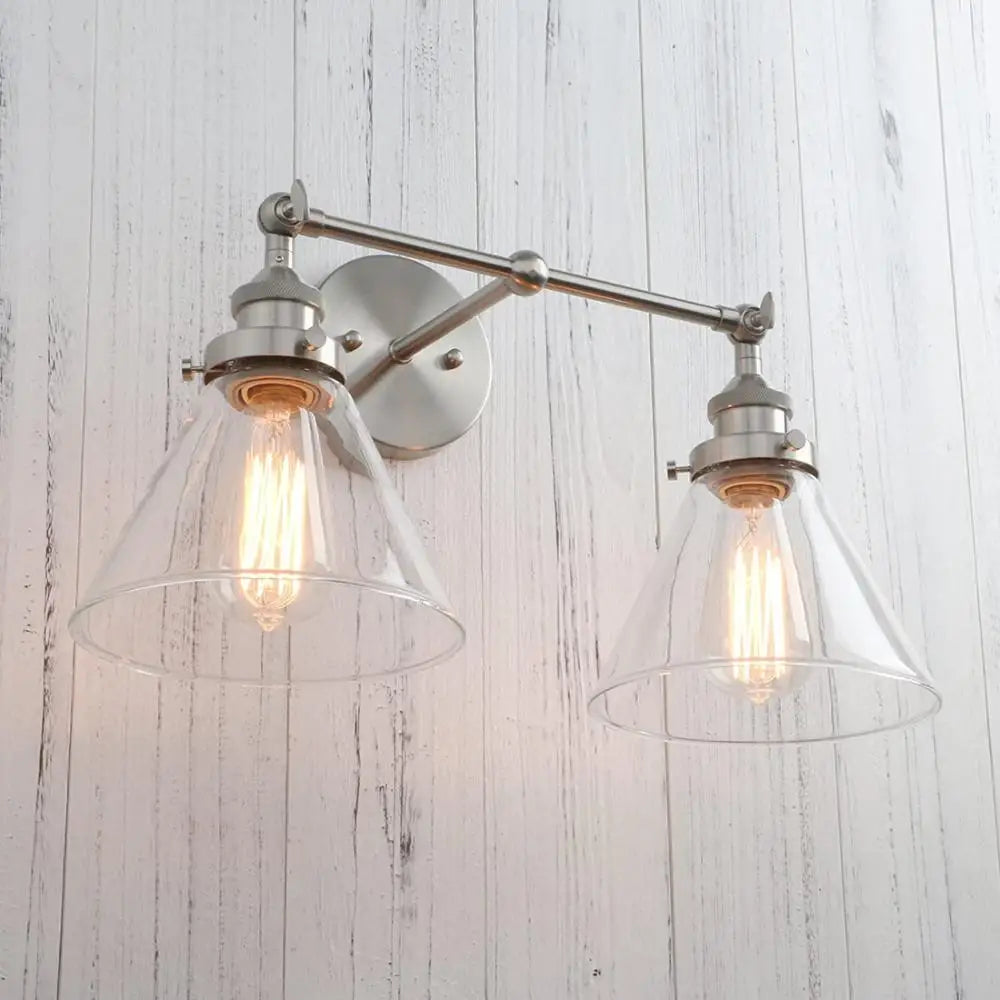 Modern 7.3'' Funnel Glass Loft Metal Double Heads Wall Light Retro Brass Country Style E27 Edison Sconce Lamp Fixtures