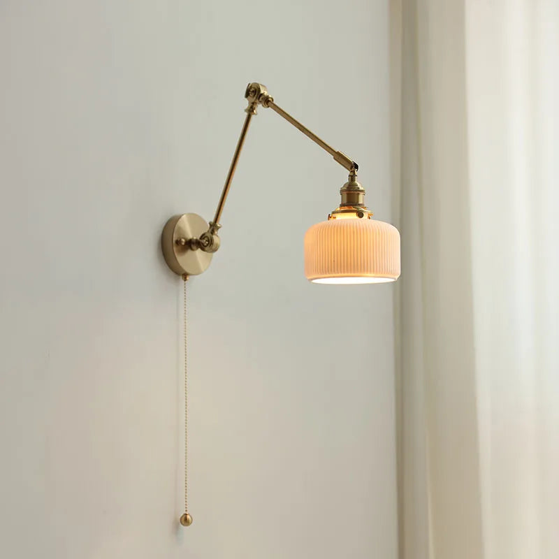 Japan Style Copper Long Arm Wall Lamp Sconce Pull Chain Switch Beside Bedroom Stair Light Ceramic Lampshade Wandlamp LED