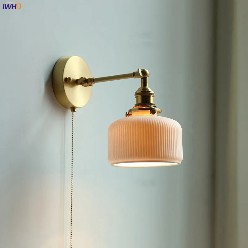 Ceramic Copper Arm Wall Lamp Beside Pull Chain Switch Bedroom Bathroom Stair Japan Style Nordic Modern Wandlamp Applique