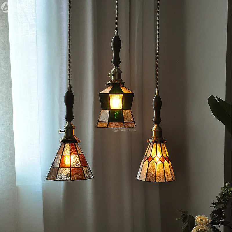 Colorful Glass Copper Pendant Lamp Wood Knob Switch Beside Bedroom Dinning Room Nordic Modern Hanging Light LED Hanglamp