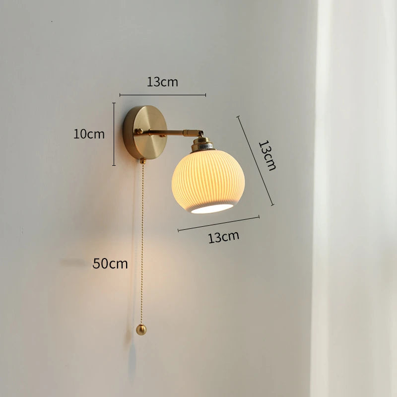 Modern Copper LED Wall Light Pull Chain Switch Bathroom Mirror Stair Lights Nordic Ceramic Wall Lamp Sconce Luminaira