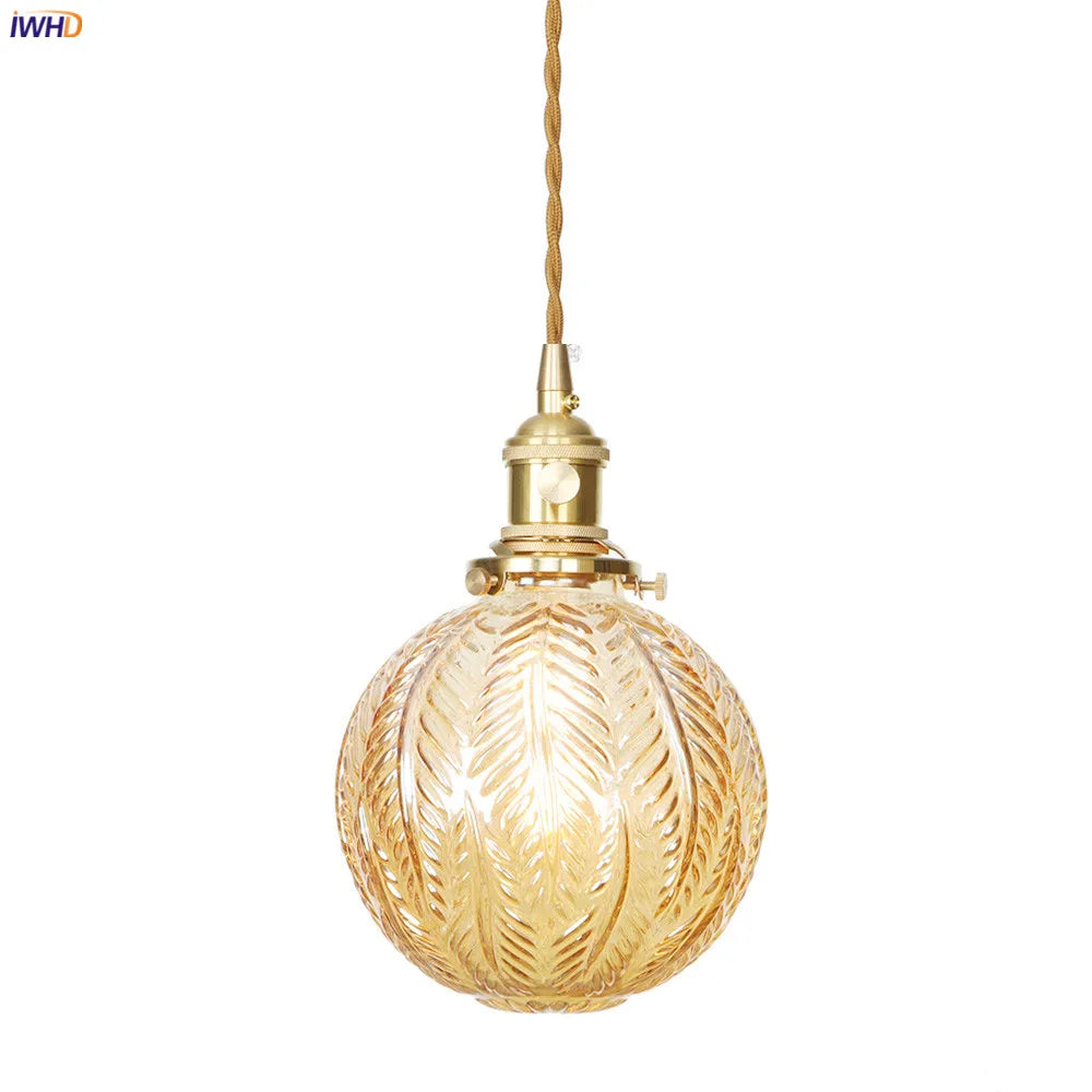 Nordic Style Amber Glass Ball Pendant Lights Kitchen Cafe Dinning Living Room Light Modern Copper Pendant Lamp Hanglamp LED