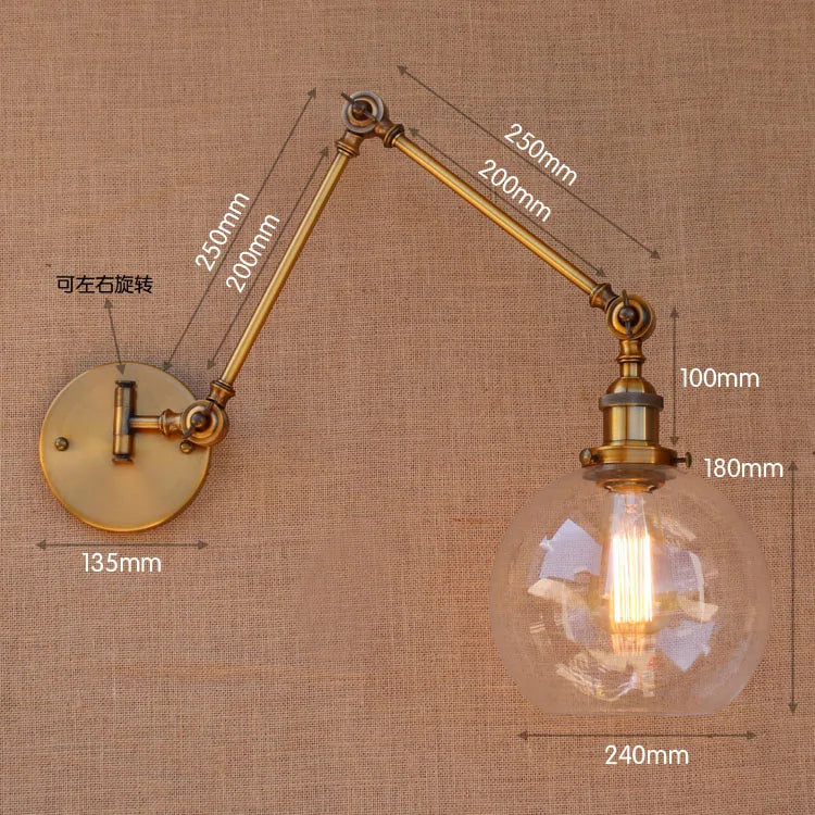 Glass Ball Antique Brass Loft Industrial Retro Vintage Wall Lamp Swing Long Arm Light Wall Sconce Luminaire Apliques Pared