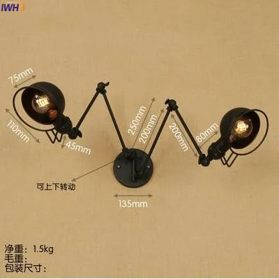 Black Long Swing Arm LED Wall Lamp Vintage 2 Heads Wandlamp Retro Stair Light Loft Industrial Edison Wall Sconce Luminaire