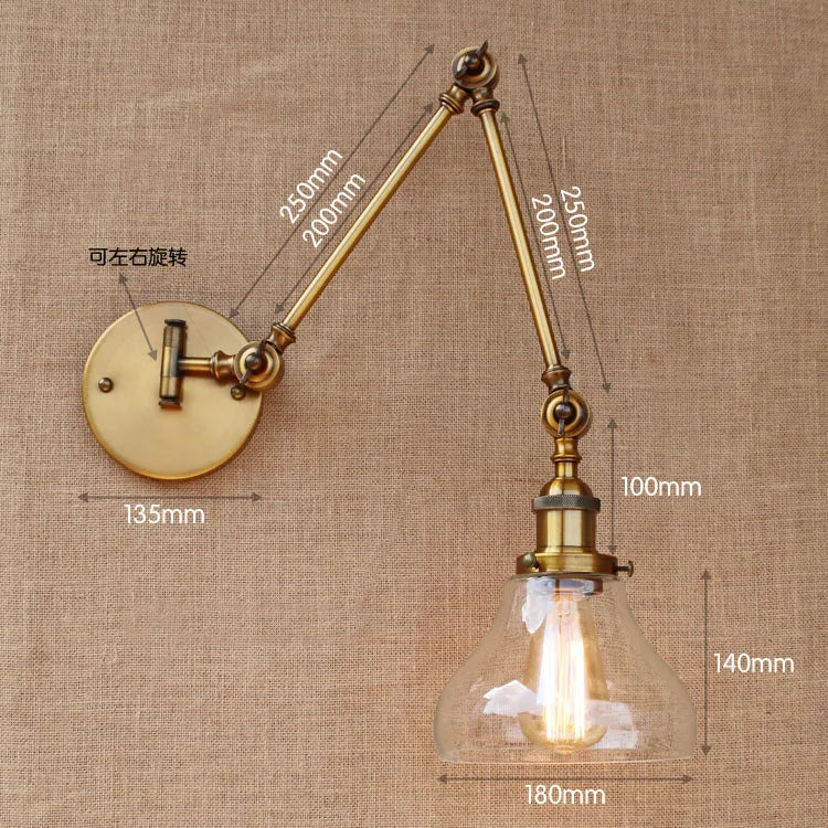 Brass Glass Ball Vintage Wall Lights Fixtures Edison Swing Long Arm Wall Light Loft Industrial Wall Lamp Wandlamp Lamparas Pared