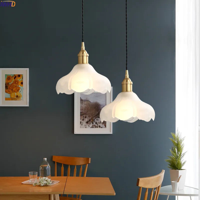 Nordic Copper LED Pendant Light Fixtures Dinning Living Room Hanging Lights White Glass Vintage Pendant Lamps Hanglampen