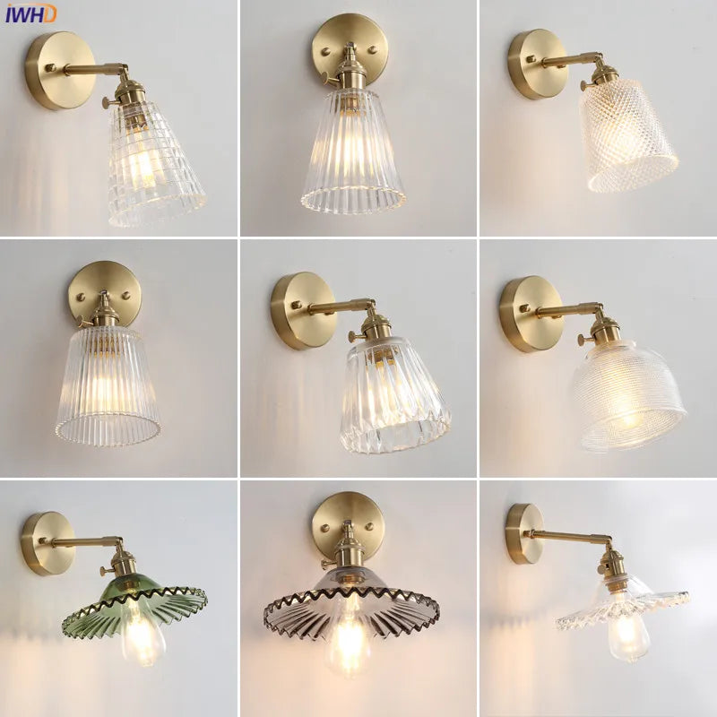 Janpan Copper Glass LED Wall Light Fixtures Bedroom Bathroom Mirror Retro Vintage Wall Lamp Sconce Wandlamp Applique Murale