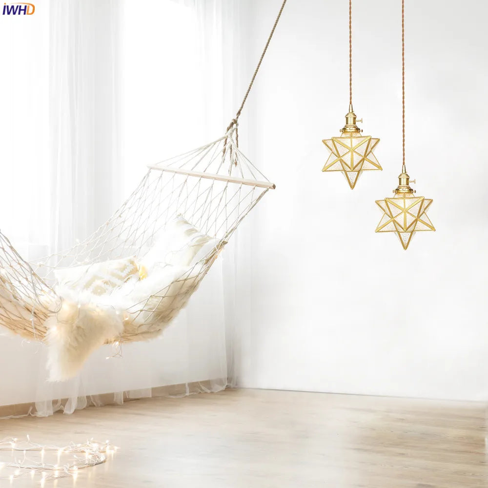 American Country LED Pendant Lamp Dinning Living Room Light Nordic Style Star Copper Glass Pendant Lights Fixtures Hanglamp