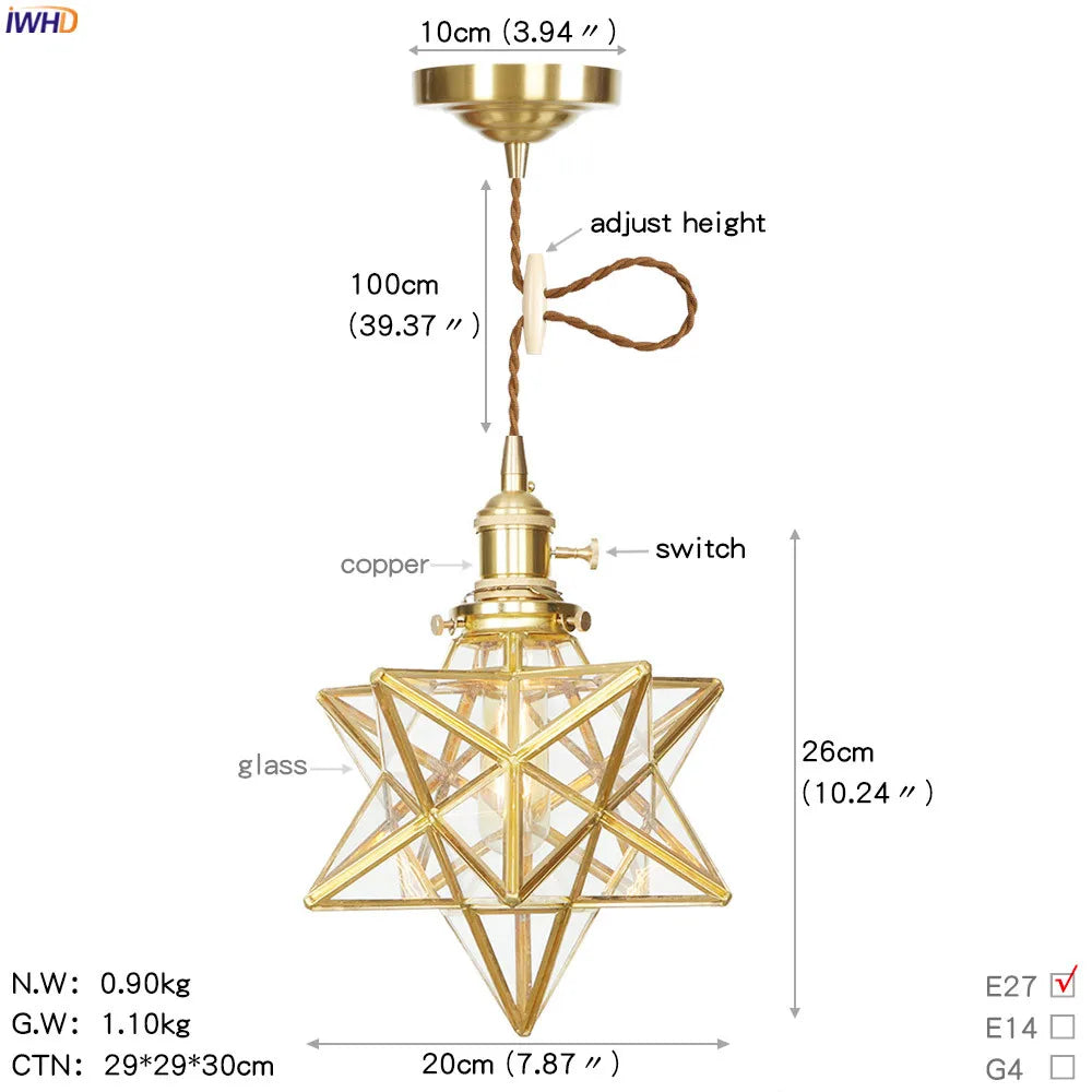 American Country LED Pendant Lamp Dinning Living Room Light Nordic Style Star Copper Glass Pendant Lights Fixtures Hanglamp