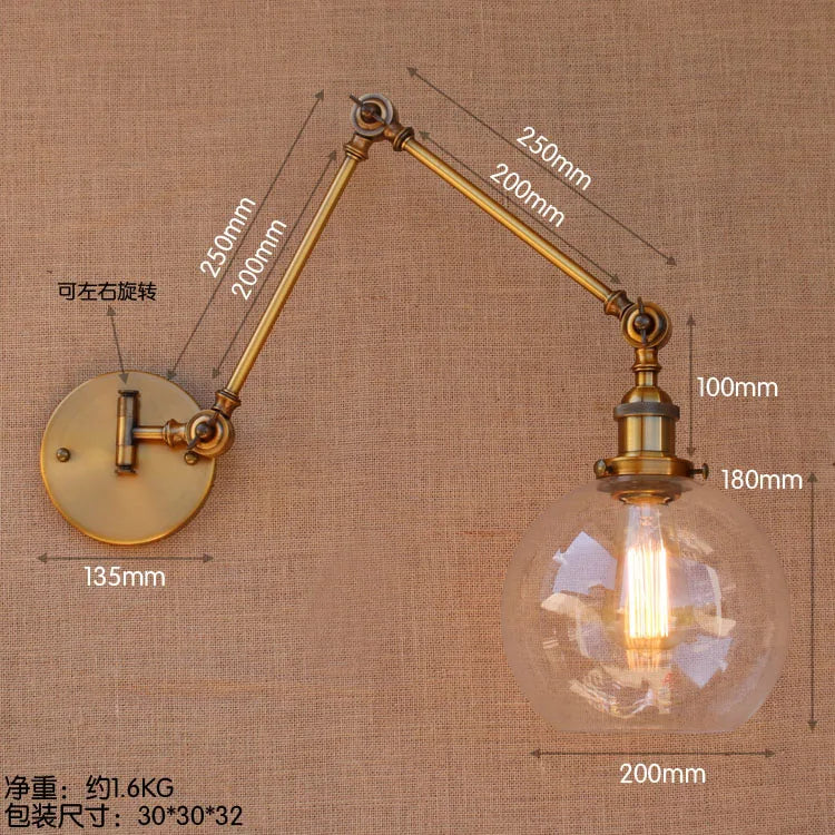 Brass Glass Ball Vintage Wall Lights Fixtures Edison Swing Long Arm Wall Light Loft Industrial Wall Lamp Wandlamp Lamparas Pared