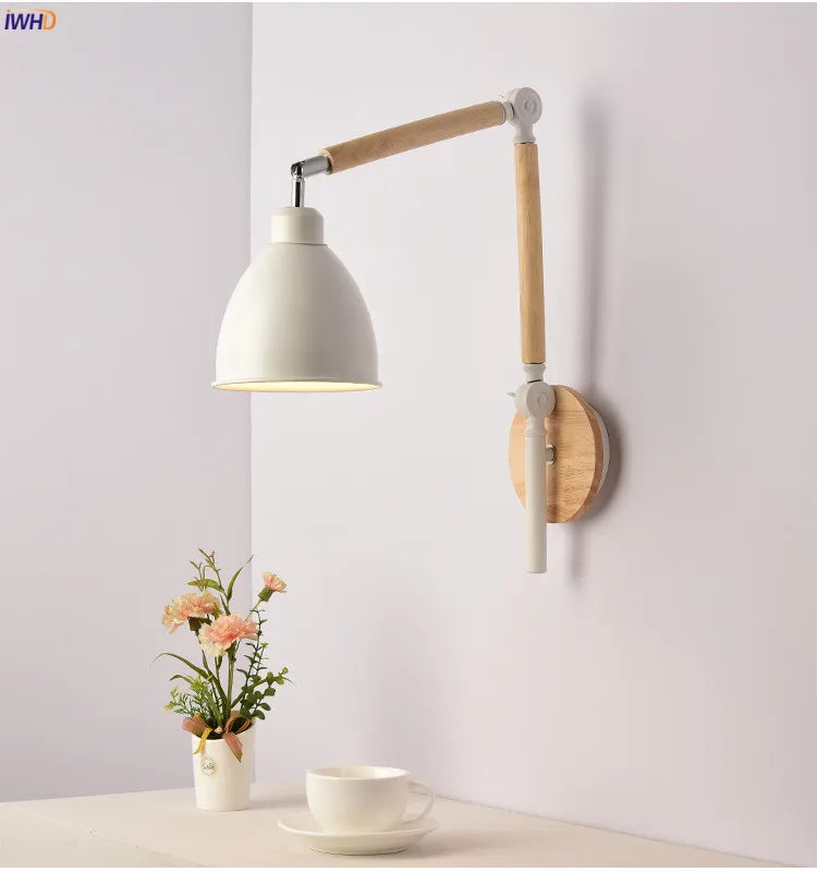 Wooden White Modern LED Wall Lamp Beside Living Room Bedroom Swing Long Arm Wall Lights Fixtures Home Lighting Sconce