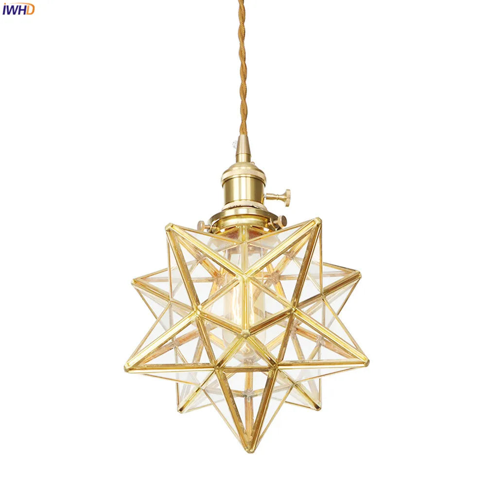 American Country LED Pendant Lamp Dinning Living Room Light Nordic Style Star Copper Glass Pendant Lights Fixtures Hanglamp