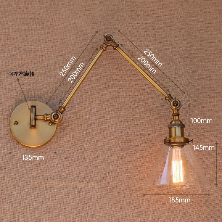 Glass Ball Antique Brass Loft Industrial Retro Vintage Wall Lamp Swing Long Arm Light Wall Sconce Luminaire Apliques Pared