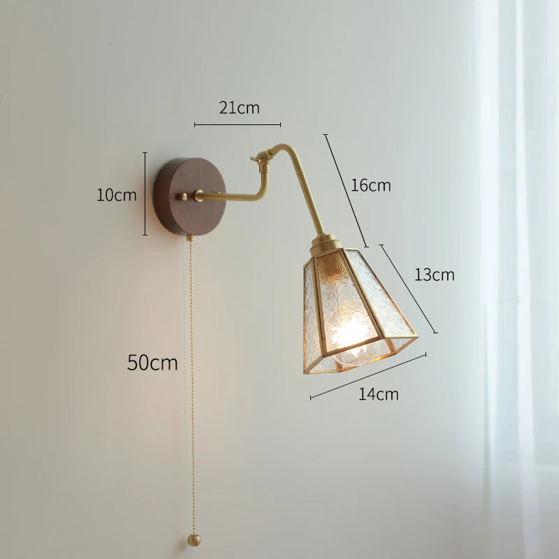 Wood Canopy Nordic Wall Lamp Sconce Pull Chain Switch Home Lighting Copper Arm LED Stair Light Wandlamp Applique Murale