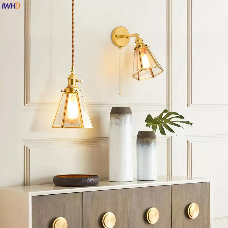 Nordic Style Copper LED Pendant Light Fixtures Glass Lampshade Cafe Restaurant Bedroom Vintage Lamp Hanging Lights Hanglamp