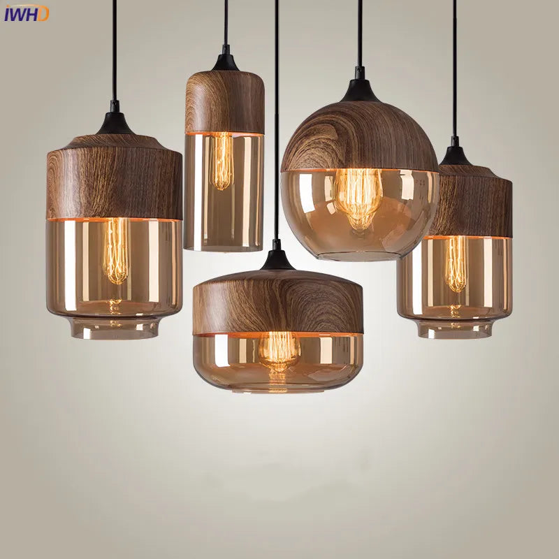 Nordic Wood Color LED Pendant Lights Fixtures Dinning Room Bedroom Cafe Bar Restaurant Modern Glass Hanging Lamp Lampara