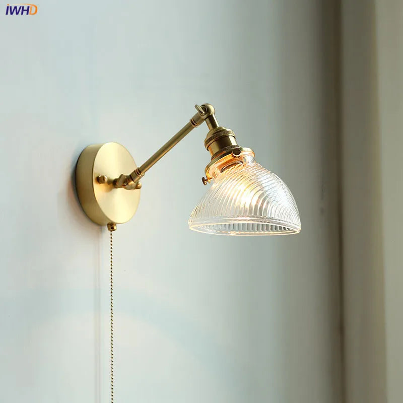 Pull Chain Switch LED Wall Lights For Home Lighting Bathroom Mirror Stair Light Nordic Modern Copper Glass Wall Lamp Sconce