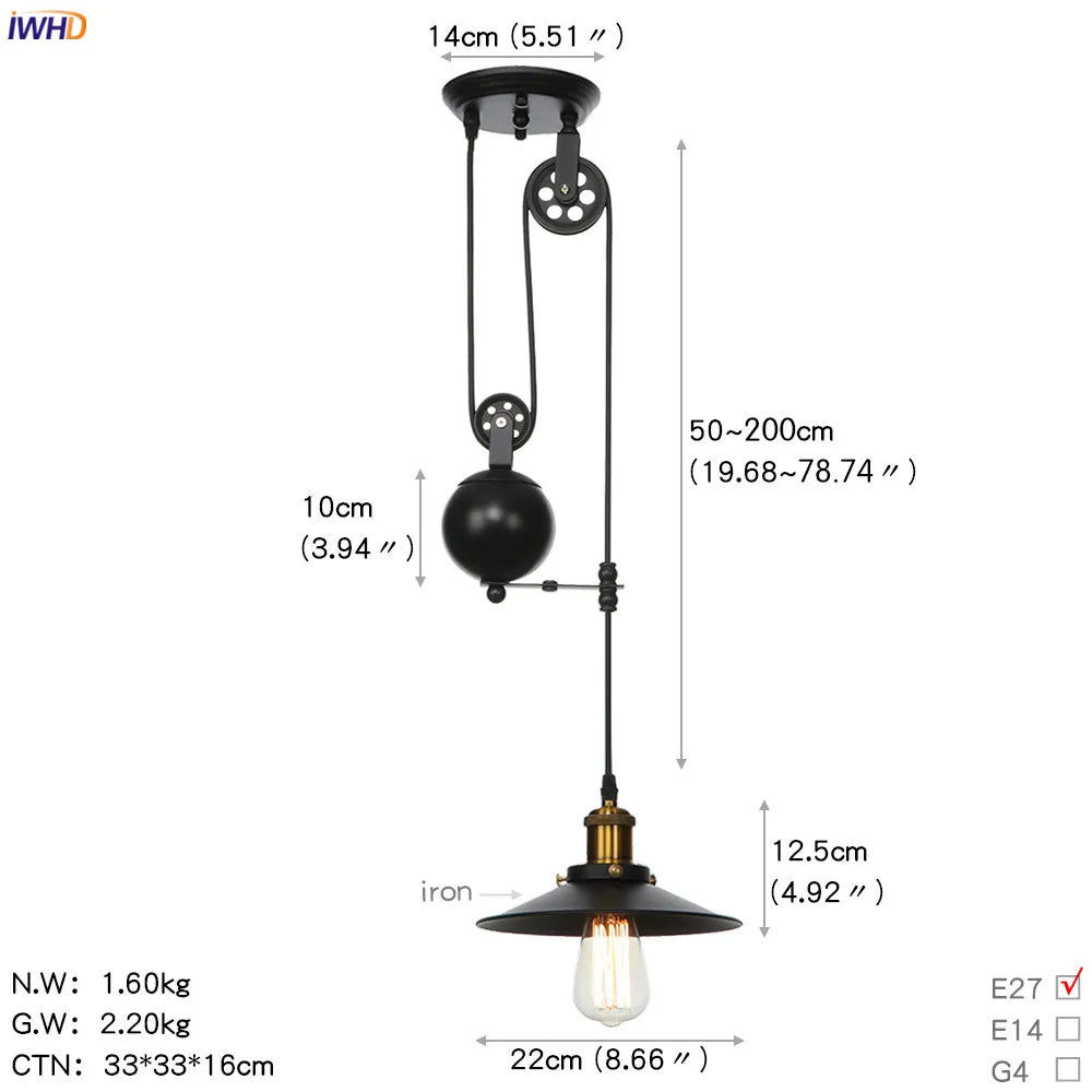 Loft Style Retro Pendant Lights Fixtures Restaurant Bar Cafe Pulley Adjustable Edison Vintage Lamp Industrial Light LED