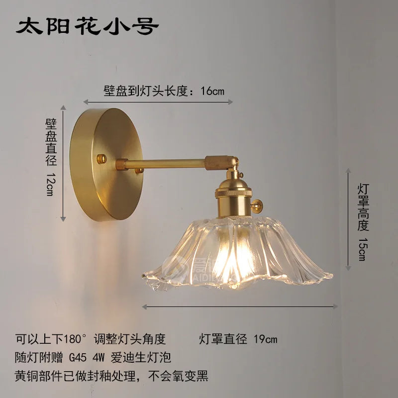 Japanese Copper Glass Wall Lights Fixtures Switch Bedroom Beside Stair Mirror Light Nordic Modern Wall Lamp Sconce LED