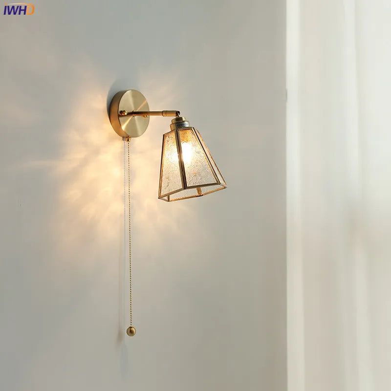 Pull Chain Copper LED Wall Lamp Sconce Beside Glass Lampshade Bedroom Living Room Stair Cafe Nordic Modern Wall Light