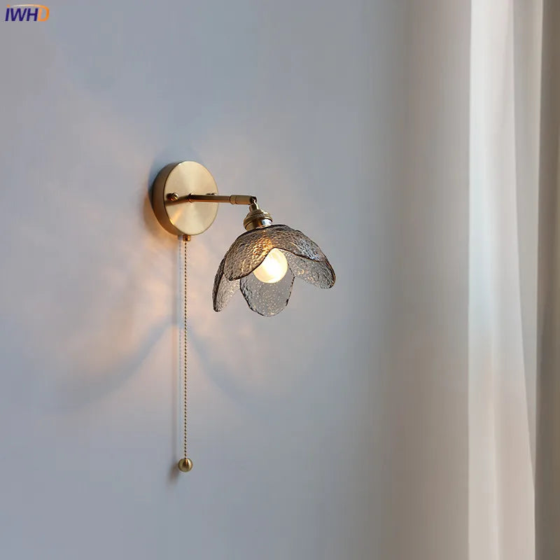 Pull Chain Switch LED Bathroom Mirror Light Gray Glass Lampshade Copper Nordic Modern Wall Lamp Sconce Wandlamp Lighting