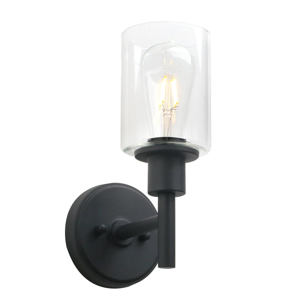 Black Wall Sconce Light 1-Light Matte Black Bathroom Vanity Light Fixture with 3.94 Inches Glass Light Shade