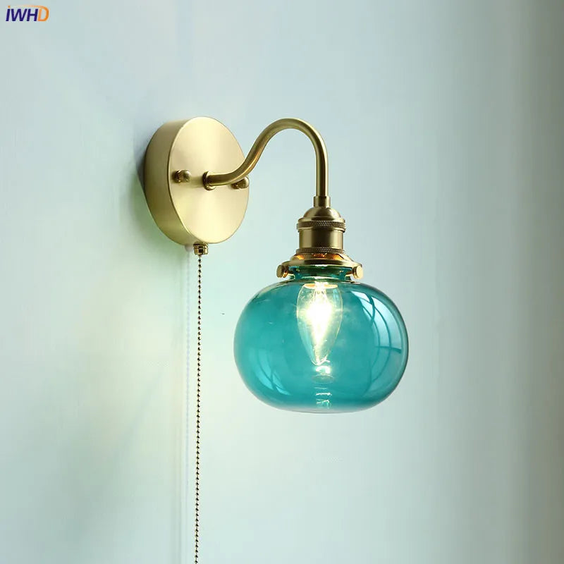 Bule Glass Ball LED Wall Lamp Beside Pull Chain Switch Home Lighting Bthroom Mirror Stair Light Nordic Modern Wandlamp