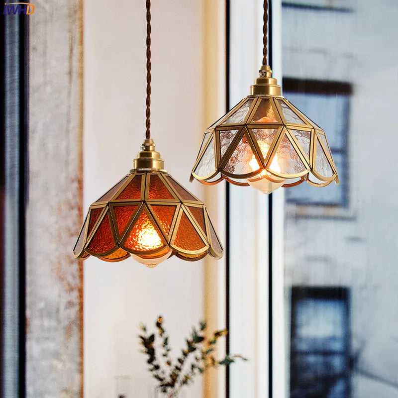 Japanese Style Vintage Pendant Lamp Beside Bedroom Bar Cafe Restaurant Glass Copper LED Pendant Lights Hanglamp Luminaria